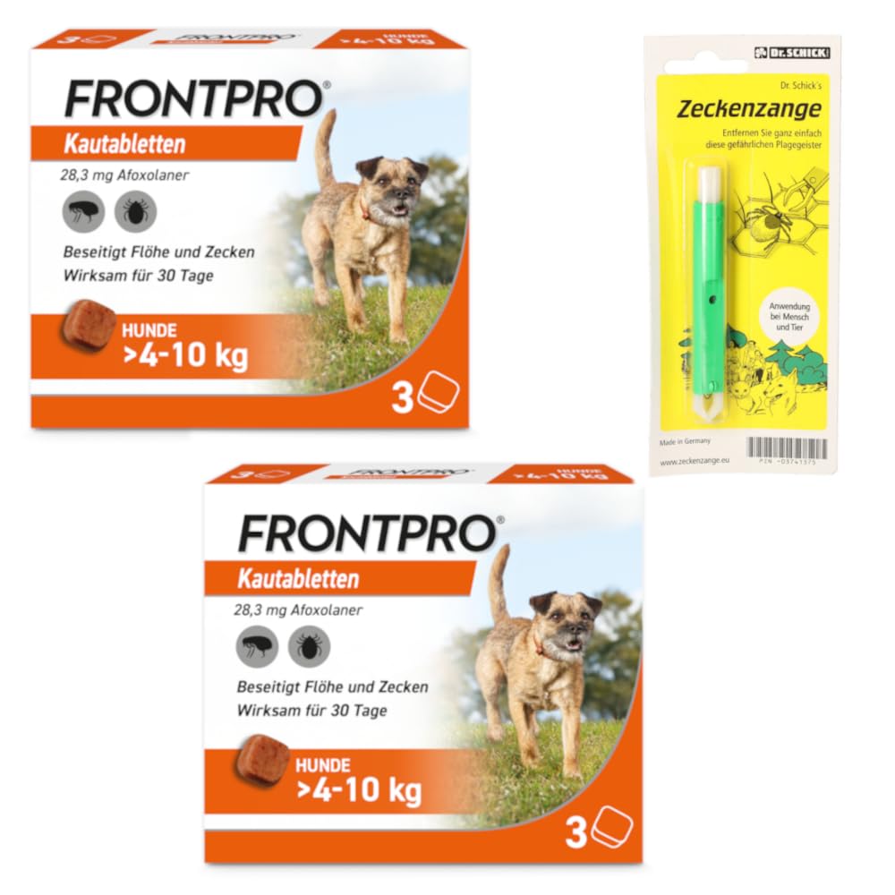 FRONTPRO Kautabletten für Hunde 4-10 kg 6-Monats-Set zum Schutz gegen Zecken und Flöhe mit Zeckenzange: Schützt bis zu 6 Monate