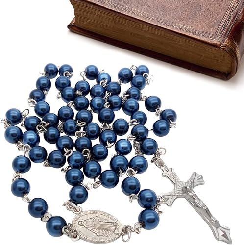 Miniatura 7 de Surakey Collar de rosas cruzadas, rosario de malaquita, cuentas de piedras preciosas, collar milagroso natural, crucifijo católico, oración