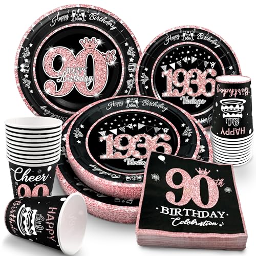 Image of 90th Birthday Decorations Rose Gold, Service for 30, Vintage 90th Birthday Party Supplies Includes Rose Gold 1936 Plates, Napkins,Cups, Plates and Napkins for Women