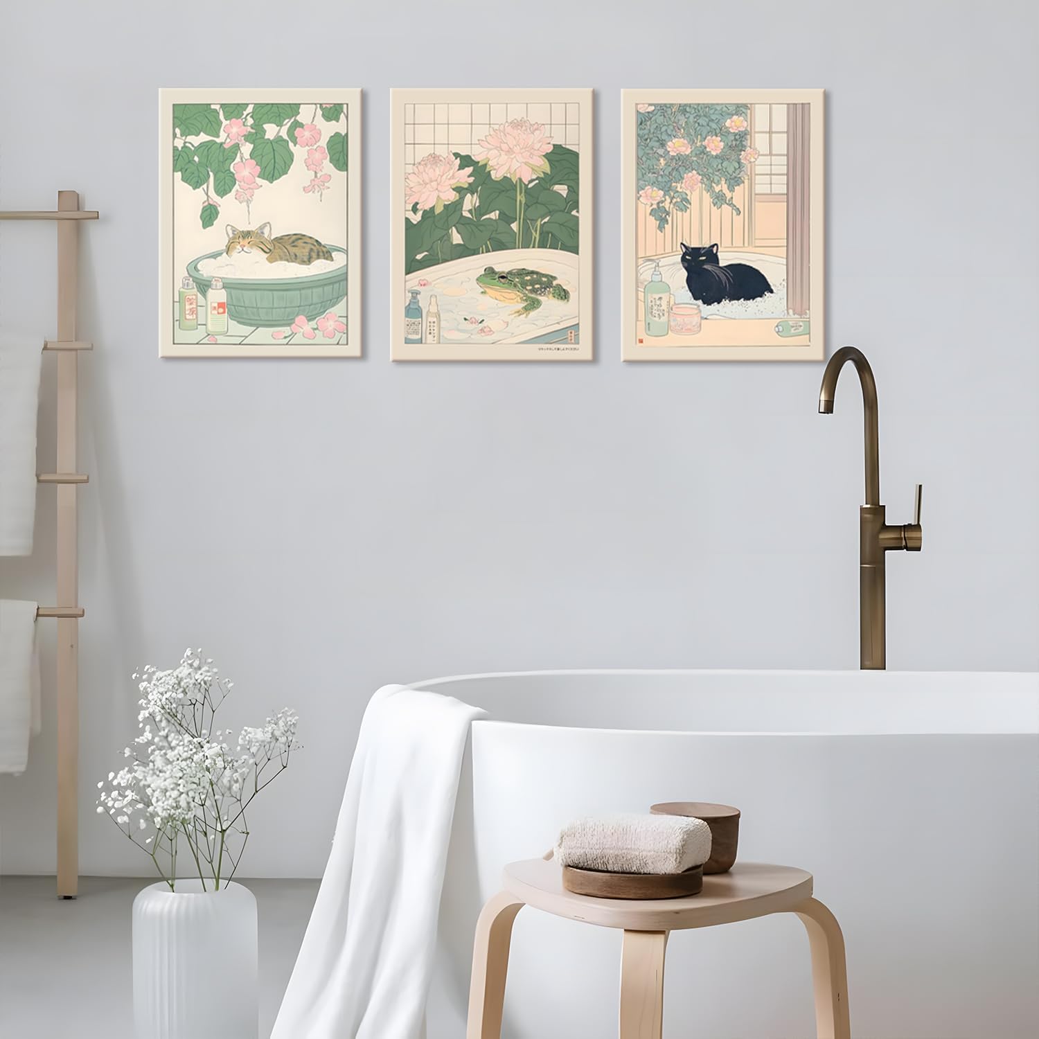 JBZDD Funny Bathroom Canvas Wall Art Set of 3, Japanese Black Cat Tabby Cats Frogs Wall Decor Paintings Cute Bathroom Posters Prints Pictures for Bedroom Toilet Home Decor 12x16 Inch Framed