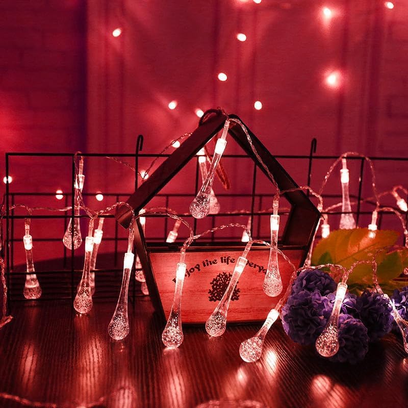 SHANJIA Water Droplets String Lights, LED Waterdrop String Lights Battery Operated Water Drop Lights Garden Fairy Lights for Bedroom, Christmas, Party,Wedding (Red, 2M10LED)
