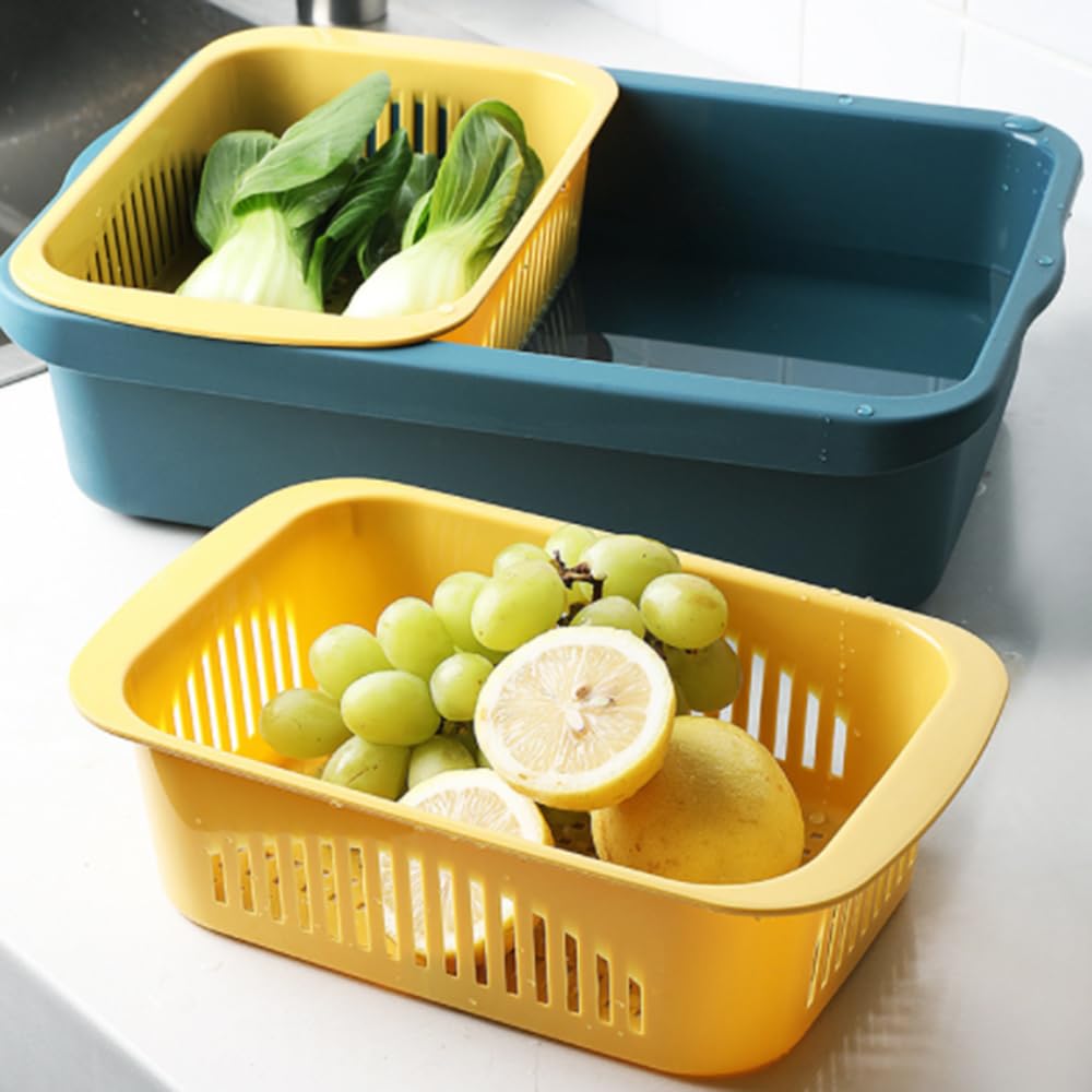 Scolapasta in plastica a doppio strato staccabile, scolapasta di pulizia della cucina per lavare frutta e verdura (rosso)