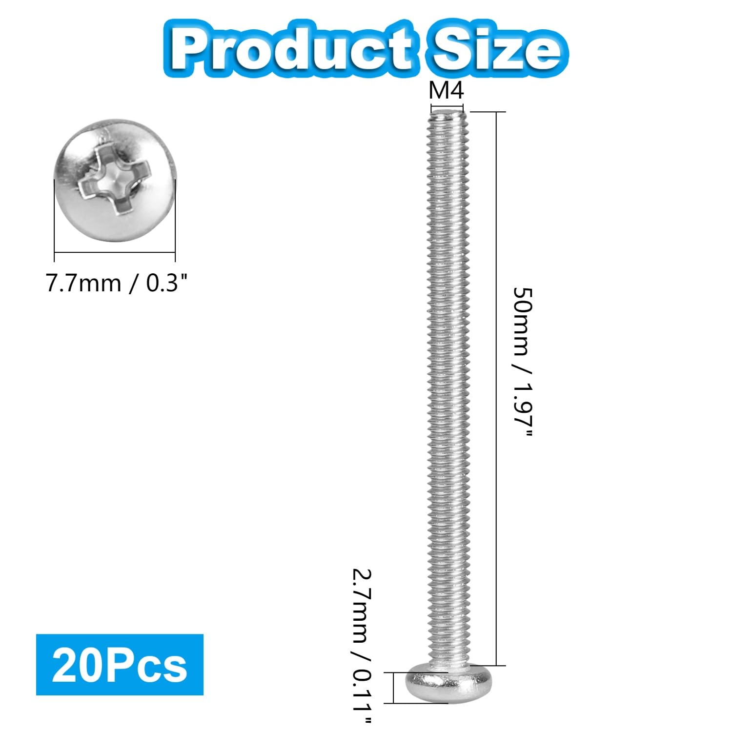 20 Pcs M4 x 50mm Pan Head Machine Screws 304 Stainless Steel