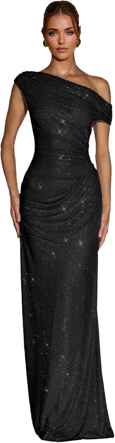 One Shoulder Prom Dress Long Mermaid Bridesmaid Dresses Sparkly Sequin Pleated Formal Evening Gowns for Women