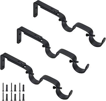 3PCS Black Curtain Rod Bracket, Adjustable Heavy Duty Double Curtain Hanging Brackets, 1Inch Rod, Black