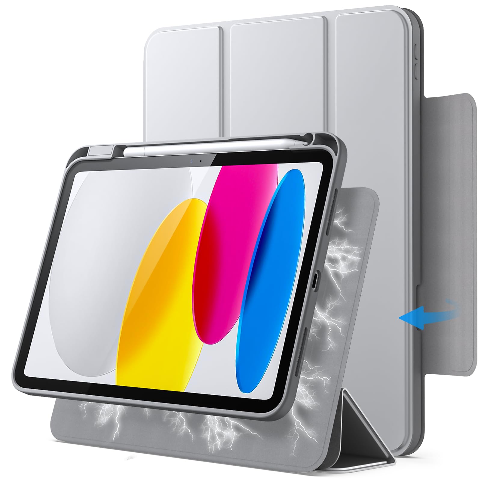 JETech Magnetic Detachable Cover Case for iPad (A16) 11th/10th Generation (2025/2022) with Pencil Holder, Removable Rotating Clear Cover, Portrait/Landscape Stand with Raised Screen View (Silver)-image-49