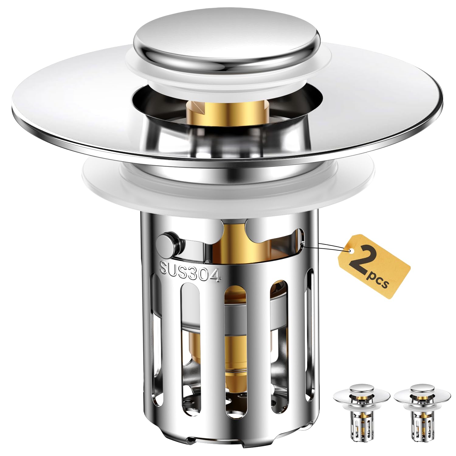 2 Pc Bathroom Sink Stopper-All Metal Sink Stopper-Universal Fit 99 Bathroom Sink Stopper with Removable Stainless Steel Hair