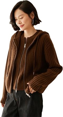 Women 100% Cashmere Sweater Set Zipper Waistcoat Hoodie Cardigan Twinset Cashmere Knit Jumper