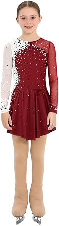 Kids Girls Figure Skating Outfit Long Sleeve Dance Dress with Ice Skate Footed Tights Cover The Boots