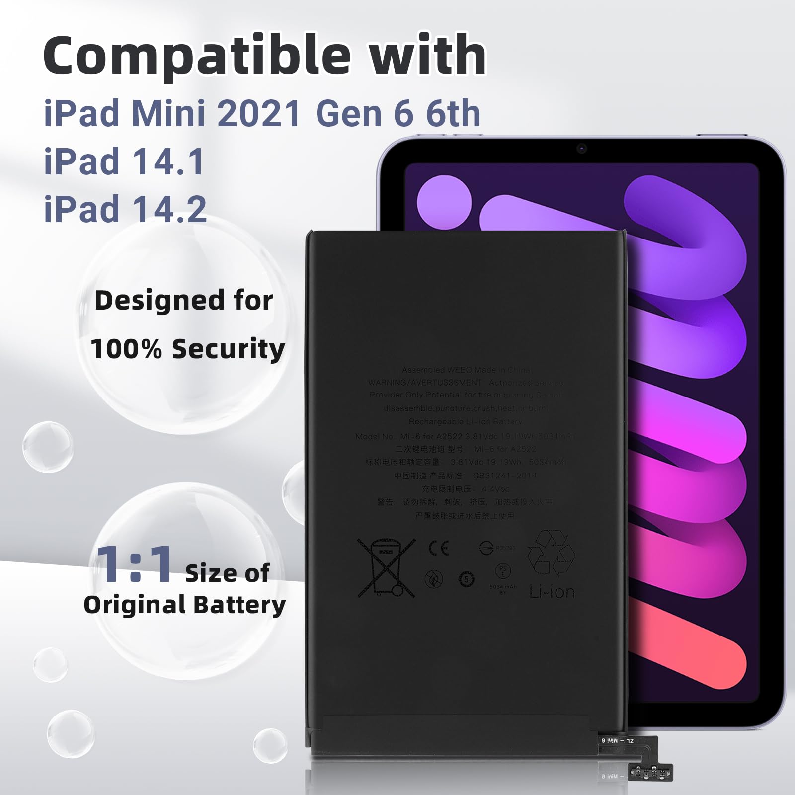 Nuova batteria di ricambio A2522 compatibile con Apple iPad Mini 2021 Gen 6 6th A2567 A2568 A2569 EMC 4043 4044 iPad 14,1 iPad14,2 Series con kit di strumenti gratuito.