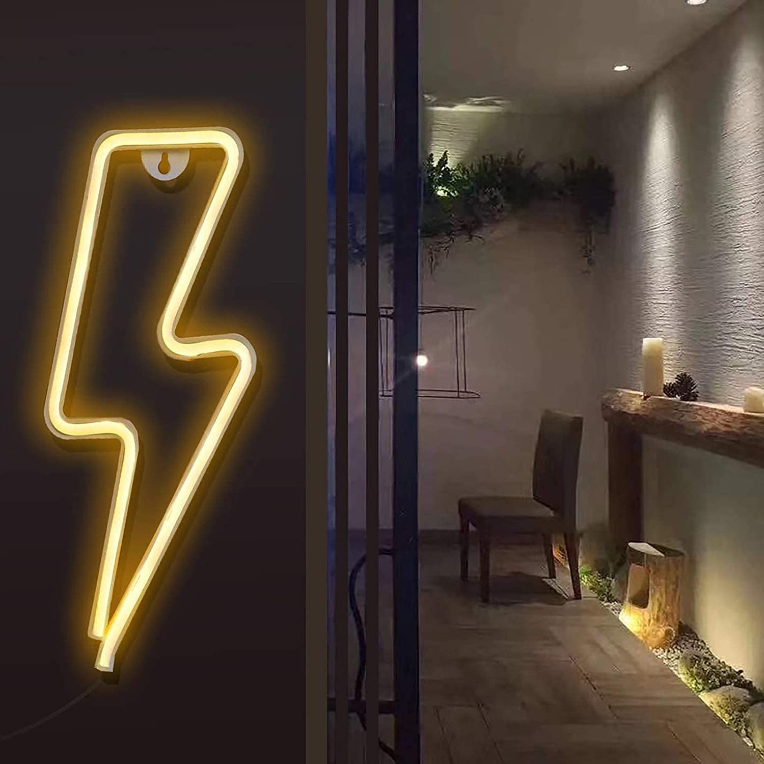 Luz de noche LED de neón, Letreros de neón en forma de rayo Luz de noche decorativa de pared Batería y USB alimentado para decoración del hogar (Blanco cálido)