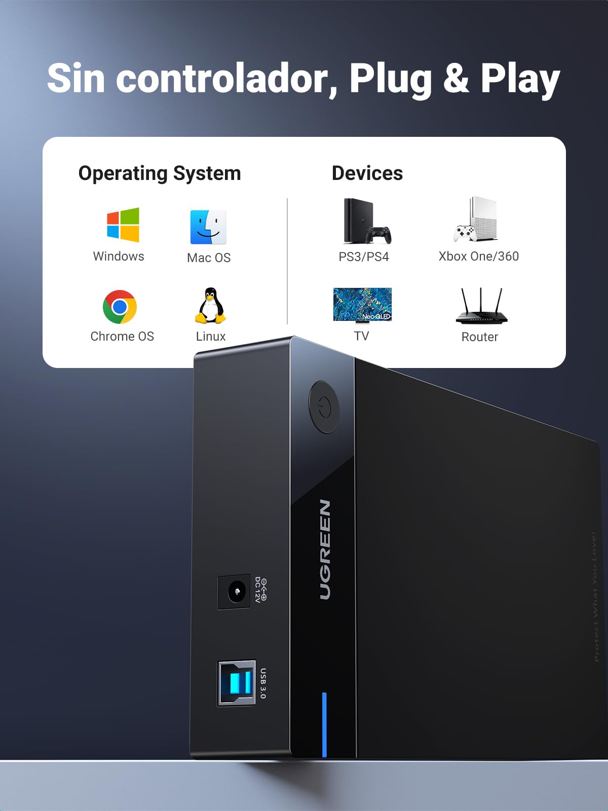 UGREEN Carcasa Disco Duro SATA SSD 3.5" 20TB, Caja SSD USB 3.0 con UASP Comaptible con PC, Xbox X/S, PS4, con Cable y Adaptador de Corriente 12V 2A