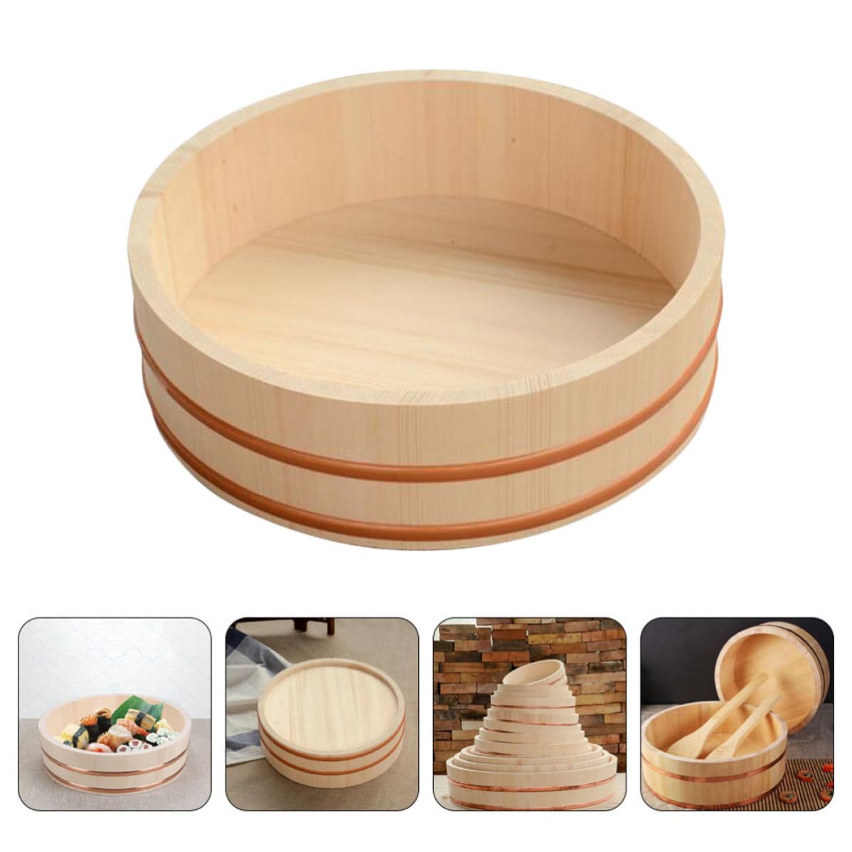 Seau à Sushi Rond en Bois et Cuivre, Grand Format Cuisine Japonaise