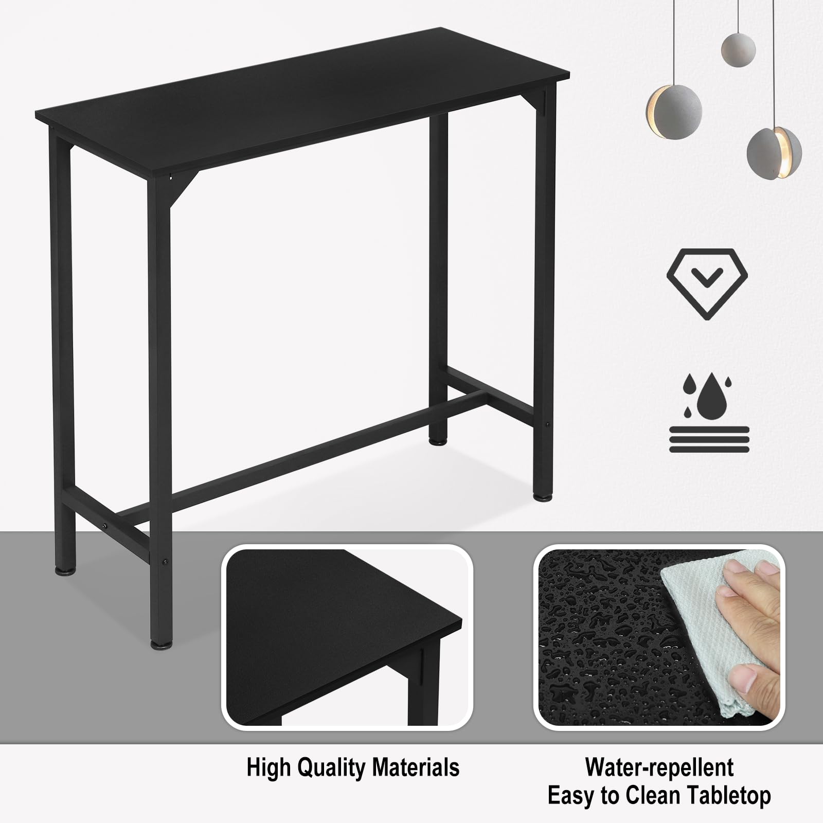 EUGAD Mesa Alta Cocina, Mesa de Bar Estrecha, para Isla de Cocina, Comedor, Barra Bar y Cafeteria, Marco Metalico, Encimera Madera, Pies Ajustable, Estilo Industrial, Negro, 100x40x100 cm