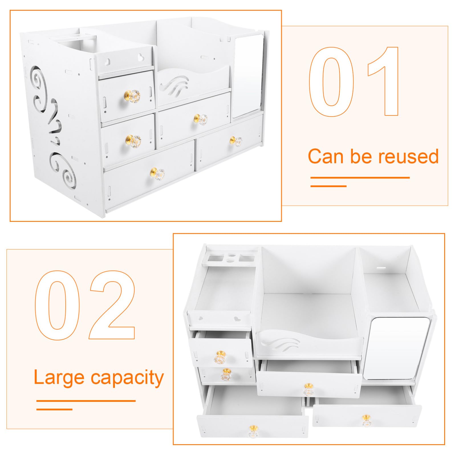 Organizer Cosmetico da Scrivania con Cassetti, Capienza Grande Bianco | Pvc e Pannello Legno-plastica, Uso Desktop, Design Semplice e Decorativo, per Make-up e Accessori