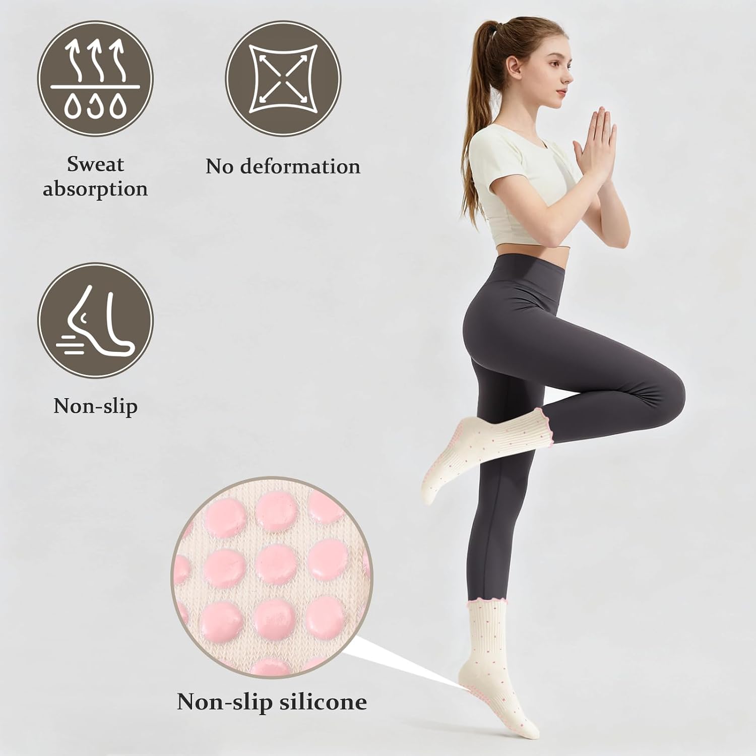 Pilates Grip Socks for Women, Ruffle Grippy Non Slip Cute Polka Dot Crew Socks for Workout Yoga Ballet Barre Dance