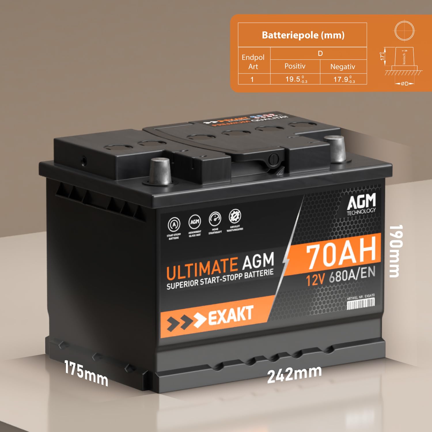 Exakt AGM Batterie 70Ah 12V Start-Stop Autobatterie VRLA ersetzt 60Ah 65Ah