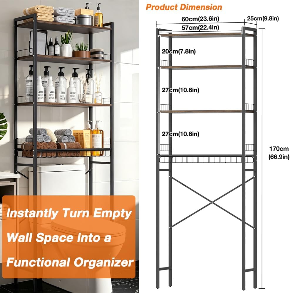 Over The Toilet Storage Rack 4-Tier Freestanding Bathroom Organizer Shelf Over Toilet with Adjustable Shelf & Basket, Space-Saving for Small Spaces, Rustic Brown