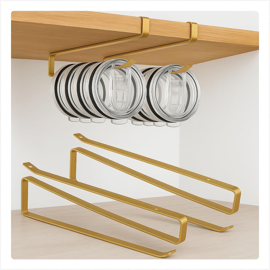 2 Pack Gold Tumbler Lid Organizer – Horizontal Stanley Lid Storage Hooks for 10 Lids – Under Cabinet Space-Saving Coffee Cup & Paper Towel Holder – Kitchen Hanging Rack