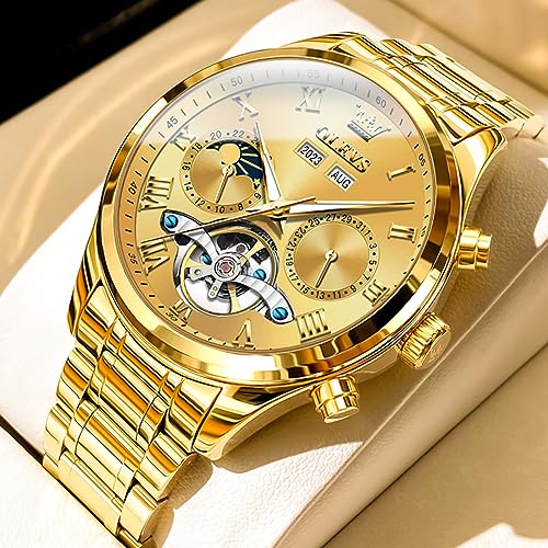 Image of OLEVS Automatic Men Watch Self Winding Mechanical Moon Phase Business Luxury Diamond Dress Stainless Steel Waterproof Luminous Mens Wrist Watch