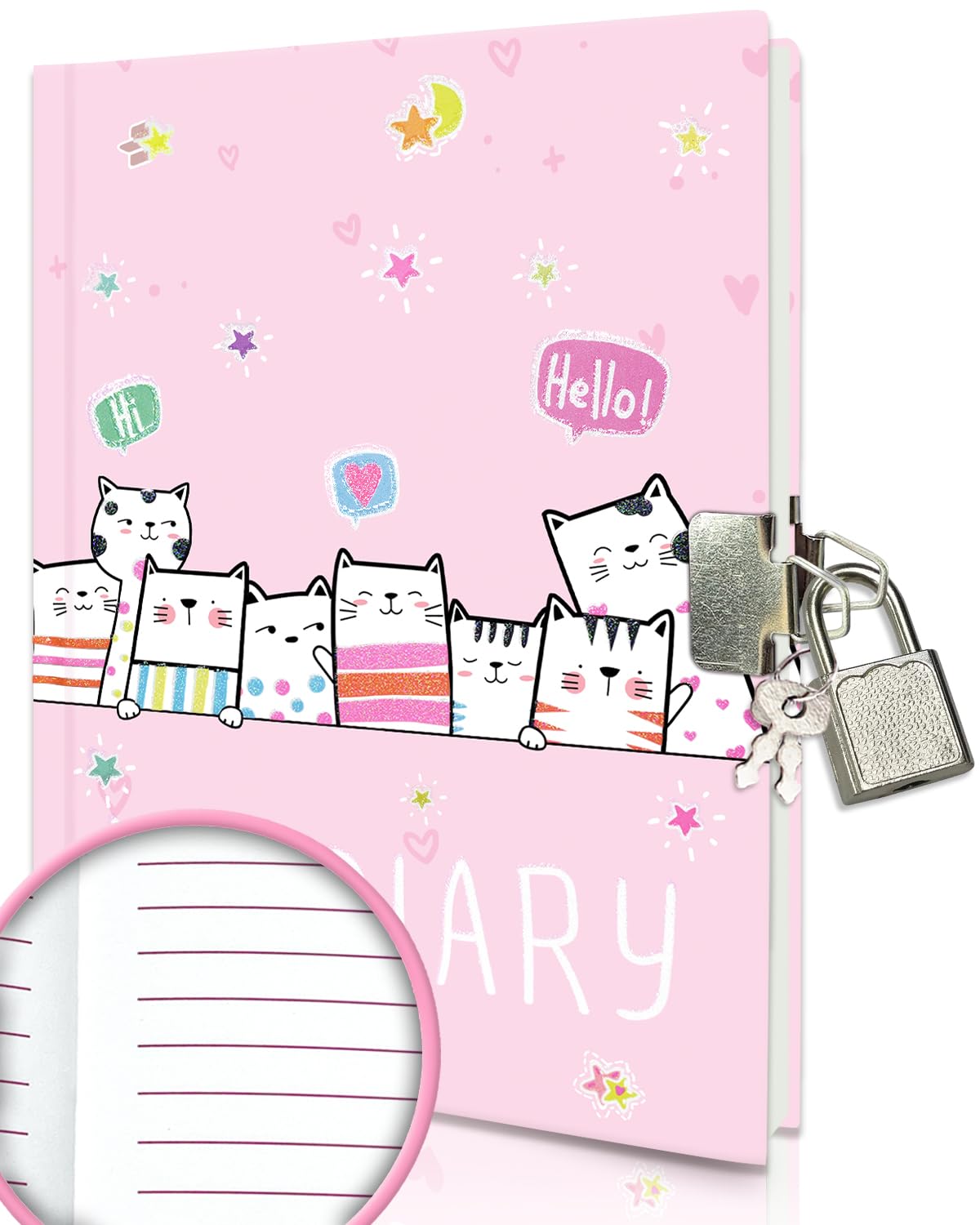 GINMLYDA Girls Diary with Lock for Kids, 7x5.25 Inches 160 Lined Pages Cute Cat Secret Journal for Girls Pink Kids Notebook with Padlock & Keys for Birthday Girls Gifts 5 6 7 8 9 10 Years Old