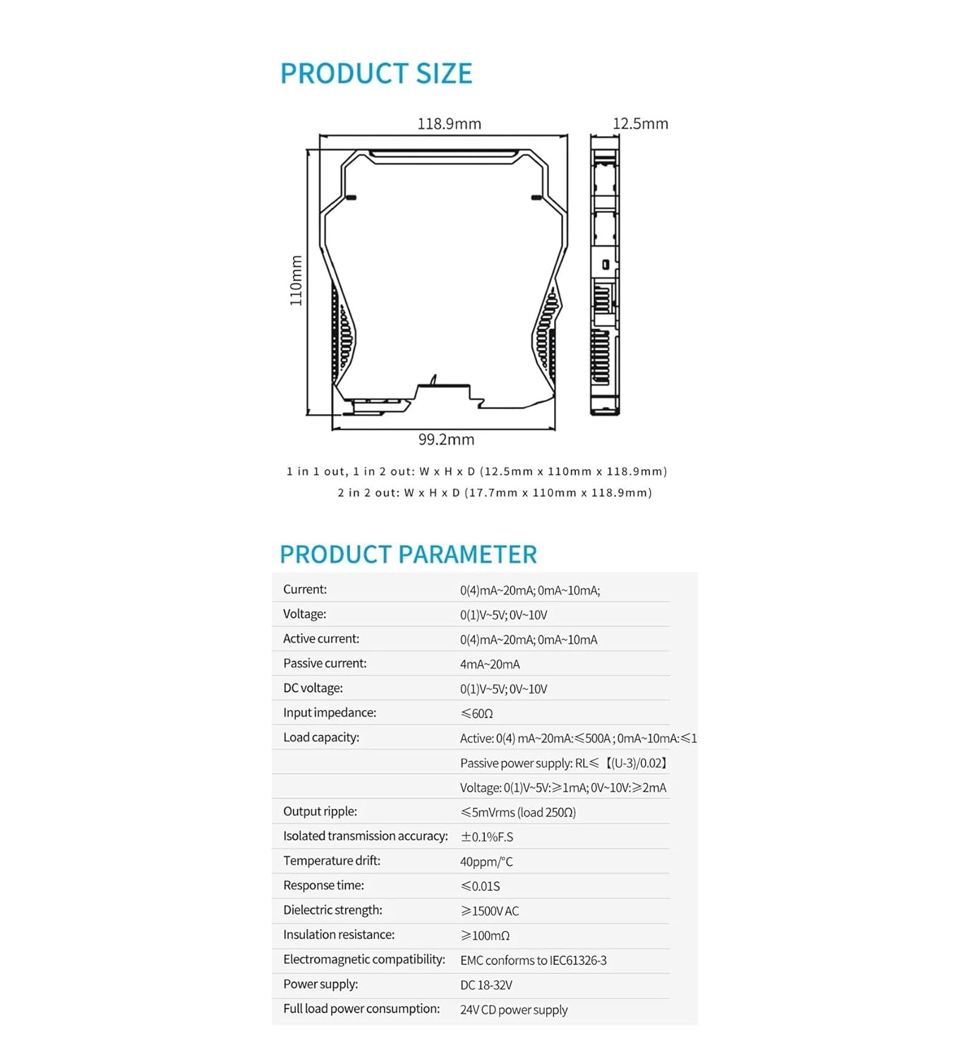 1入力2出力DC24Vアナログ信号発生器、高直線性0-10mAから0-10V、1-5V(0-10V Output)