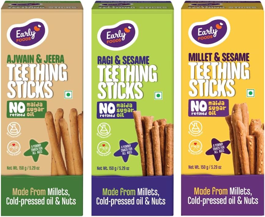 Early Foods - Pack of 3 - Whole Wheat Ajwain, Ragi Sesame & Millet Sesame Jaggery Teething Sticks 150g X 3