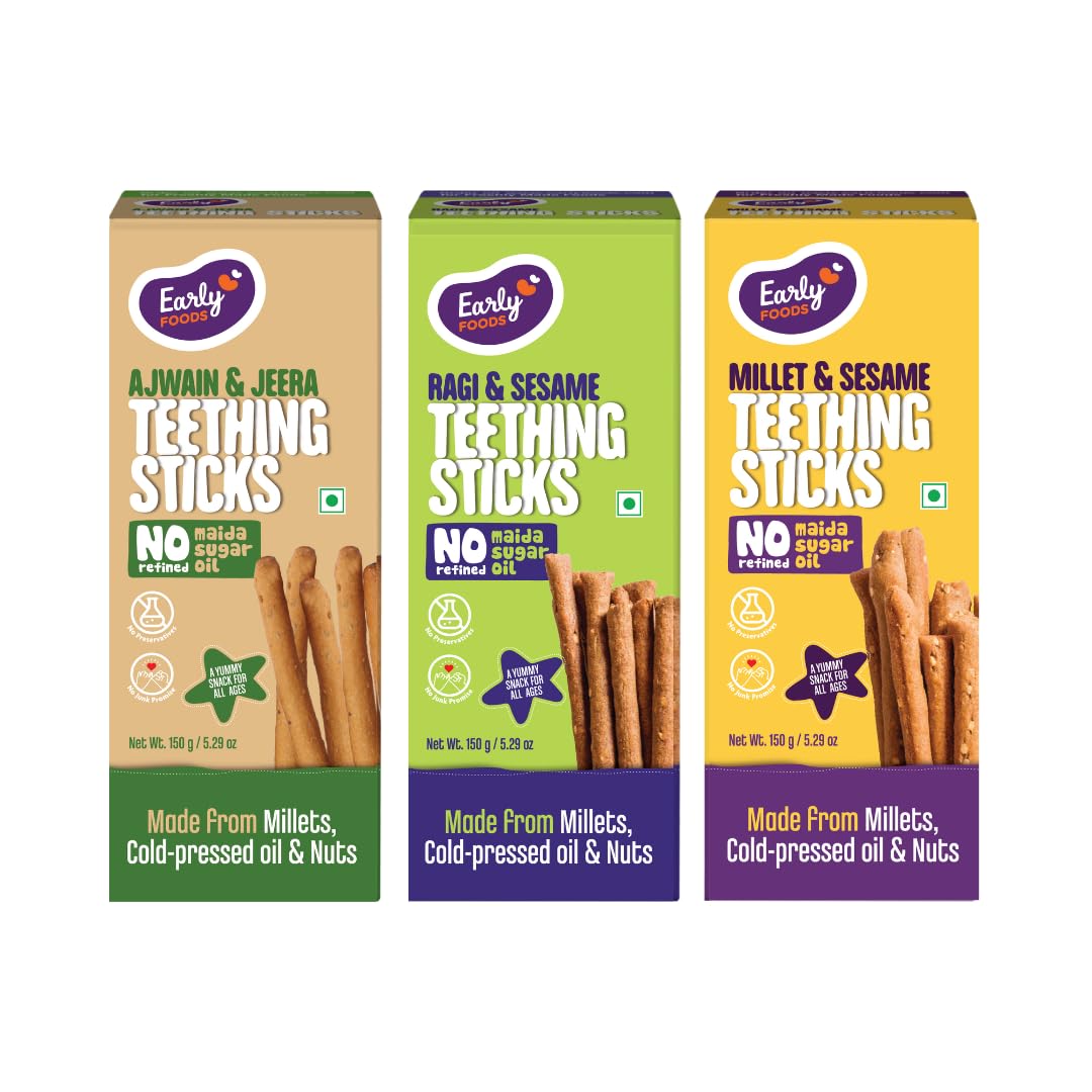 Pack of 3 - Whole Wheat Ajwain, Ragi Sesame & Millet Sesame Jaggery Teething Sticks 150g X 3