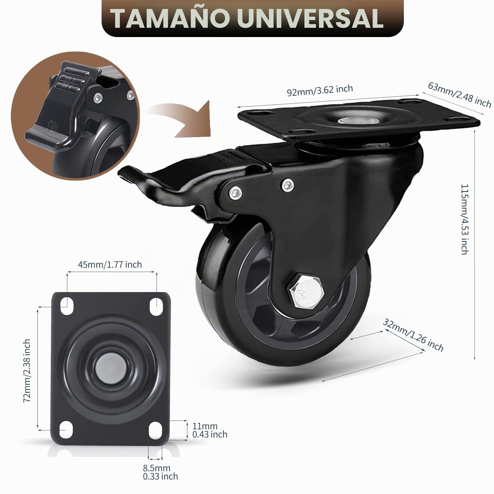 Ruedas Giratorias con Freno, Ruedas para Muebles de 75mm, Ruedas de Transporte para Muebles de 500 kg, Ruedas de Placa Industriales con Tornillos