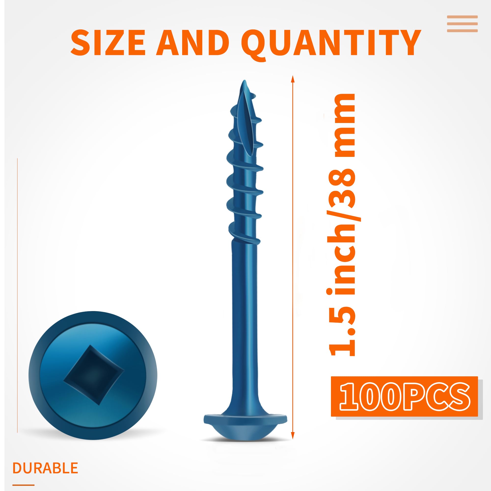100 PCS No.8 x 38 mm Pocket Hole Screws, Blue Coated Hardened Steel, Washer Head, Square Drive, Coarse Self-Cutting Thread - Image 2