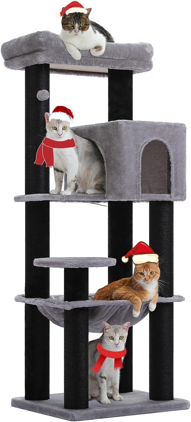 Large Cat Tree with Reinforced Scratching Posts (3.7in) for Big Adult Cats 30 lbs, 57.8" Heavy Duty Cat Tower with Larger Hammock and Condo, Cat Furniture for Maine Coon, Plush,Black