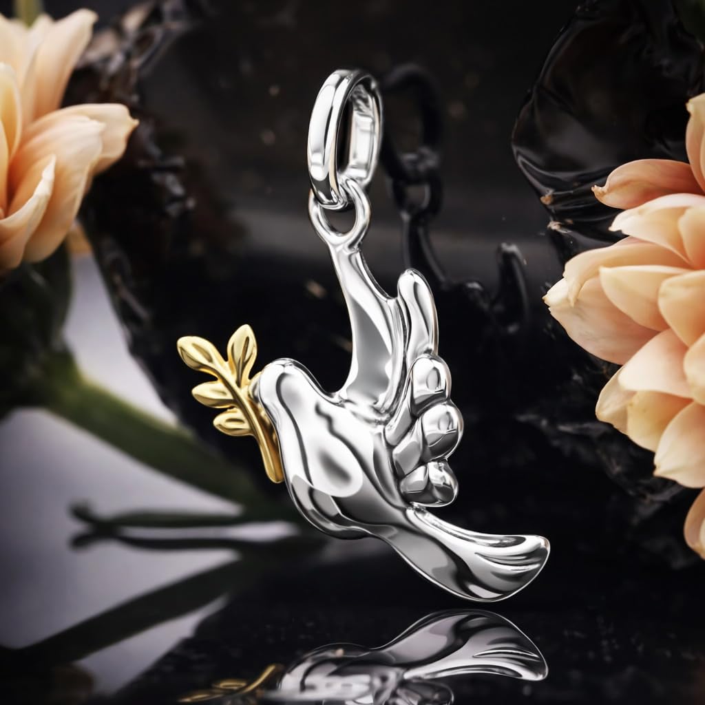 CLEVER SCHMUCK Collier avec pendentif colombe de 15 mm avec branche partiellement plaqué or et chaîne gourmette de 45 cm en argent sterling 925 dans un étui à bijoux crème