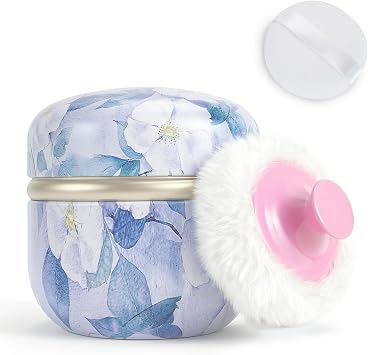 SHIMIDO Body Powder Puff and Container, 3.15" Portable Empty Powder Case Box with Lids for Baby, Womens, Travel and Home Use Purple Flowers