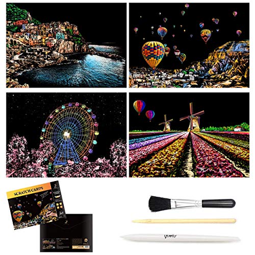 C-pop Scratch Art, Scratch Art Paper DIY Night View Scratchboard for Adult and Kids, with Stylus/Black Brush,8.2''x11.4'' (Europe Amorous Feelings)