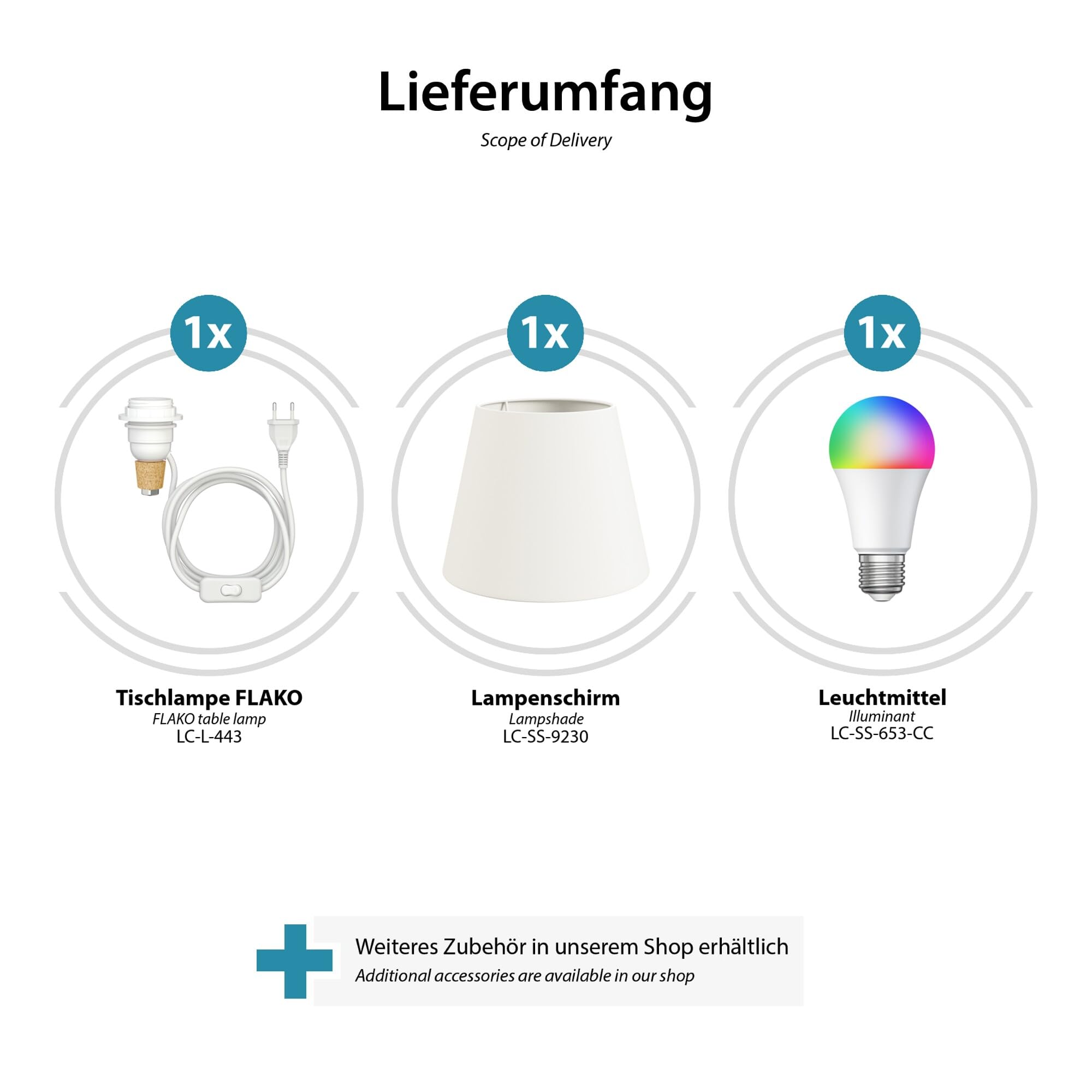 ledscom.de 2 lampes de table FLAKO, câble textile blanc, abat-jour blanc, avec ampoule E27 RGB, connectée (blanc chaud - blanc froid, 892 lm), sans bouteille