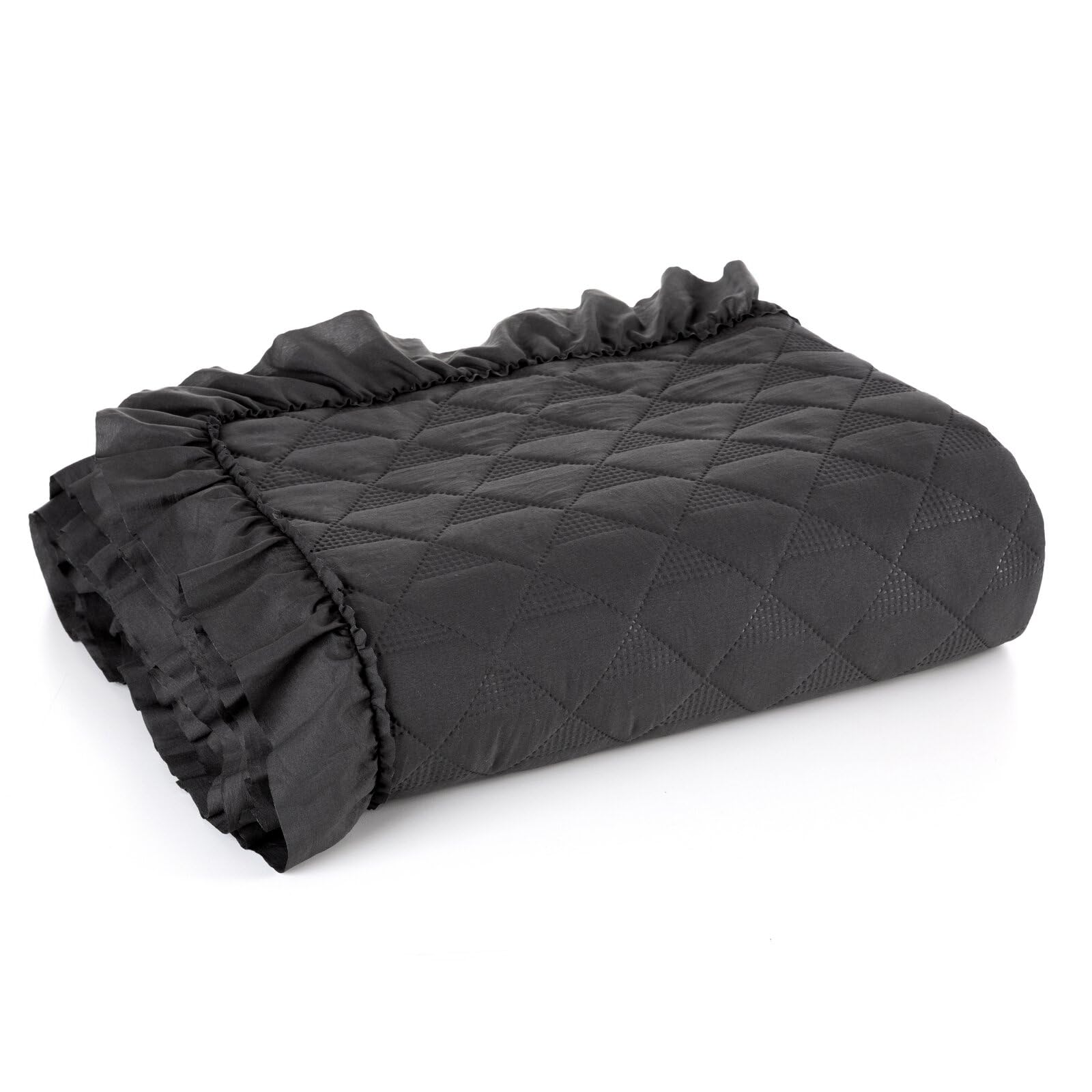 Eurofirany Couette matelassée à losanges - Élégante - Piquage en diamants - Volant - Style maison de campagne - Couvre-lit Vanesa (noir, 200 x 220 cm)