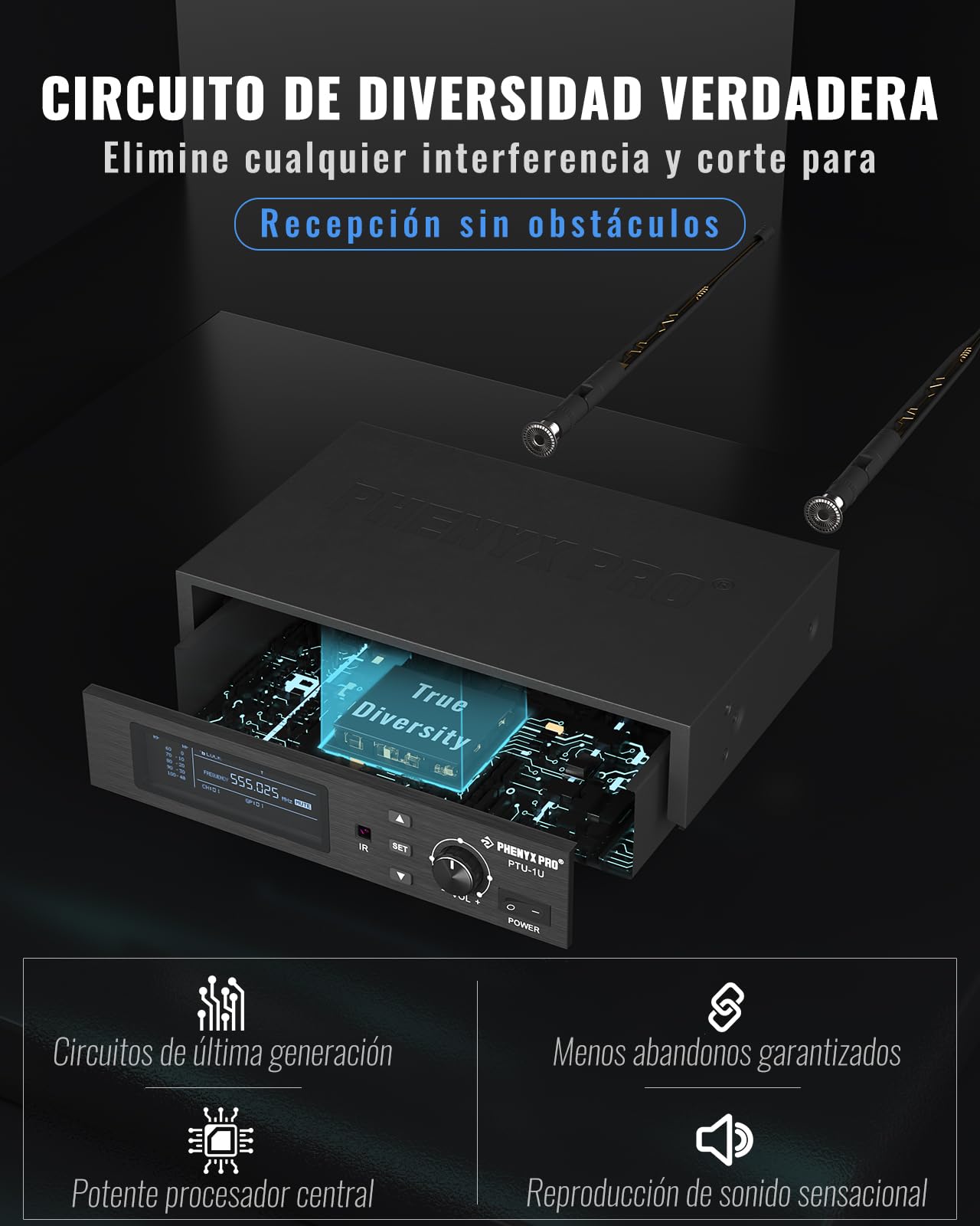 Phenyx Pro Sistema de Micrófono Inalámbrico UHF Canal Único PTU-1U-1H | True Diversity, Auto Scan, 1000 canales ajustables, Alcance 328 ft, Sincronización IR, Mic de mano dinámico