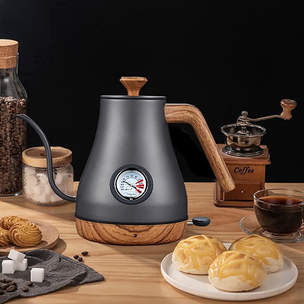 Zwanenhals waterkoker, 1L waterketel roestvrij staal met thermometer