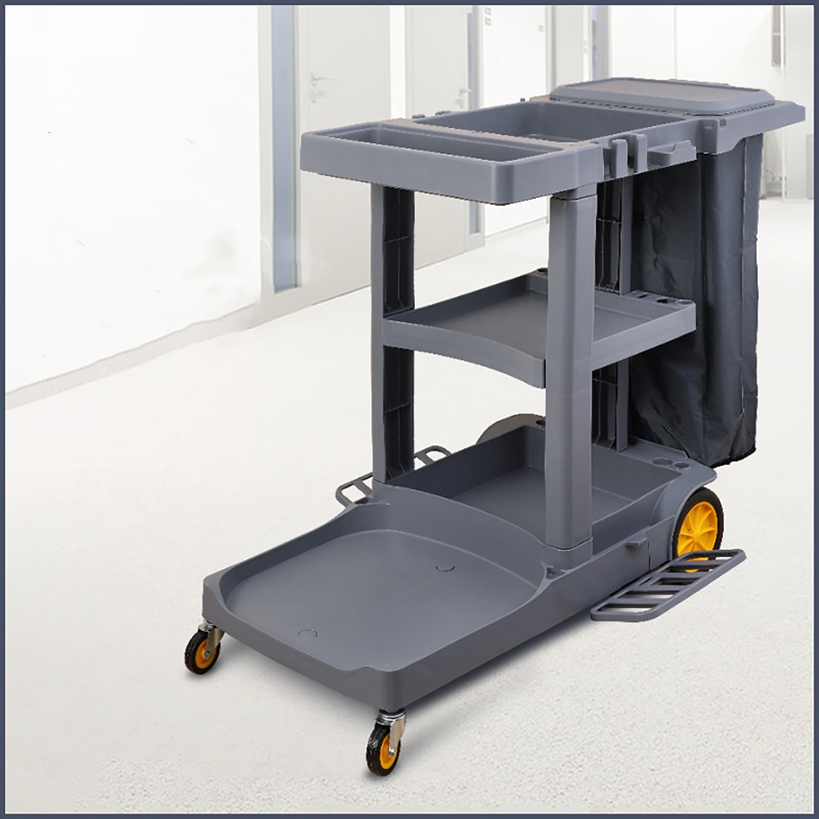 Dieser gewerbliche Reinigungswagen, Hotelwagen, Zimmerservicewagen, Handwagen, Reinigungswagen mit Rädern und großem Vinylbeutel, Reinigungswagen, Grau