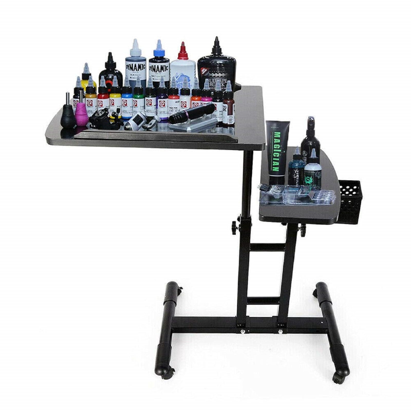 Tattoo WorkStation, banco de trabajo de tatuaje, estación de trabajo portátil de tatuajes portátil de 61 a 107 cm, altura ajustable, reposabrazos grande, mesa auxiliar con ruedas