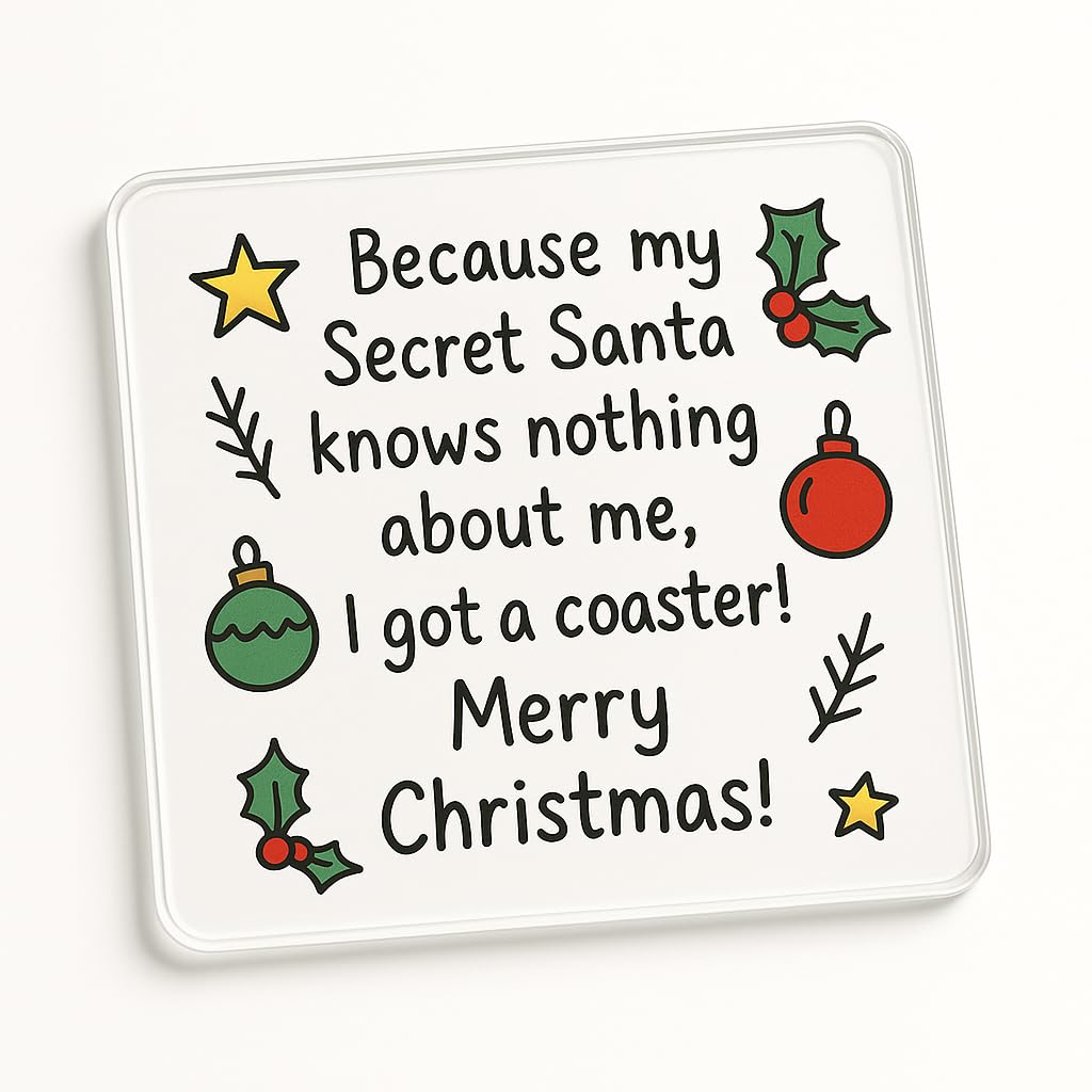 The Plum Penguin Whimsical Cheers Acrylic Coaster With Whimsical Christmas Doodles - Festive Secret Santa Gift For Work Colleague - Fun & Playful Design