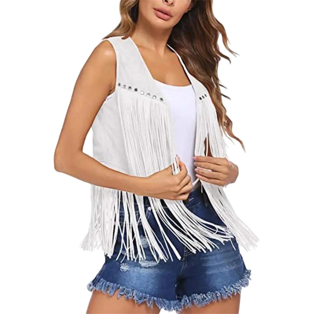 Women Fringe Vest Leather Suede Tassels Cowgirl Cardigan Waistcoat