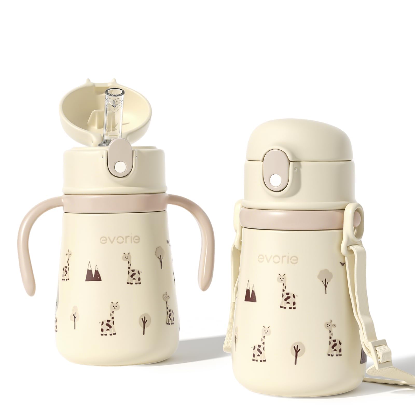 Evorie Leak Proof Vacuum Insulated Water Bottle, 316L Stainless Steel Sippy Cup for Toddlers, 11 oz Straw Cup with Handle & Adjustable Strap, Keeps Drinks Warm or Cold (1 Pack) (Giraffe)