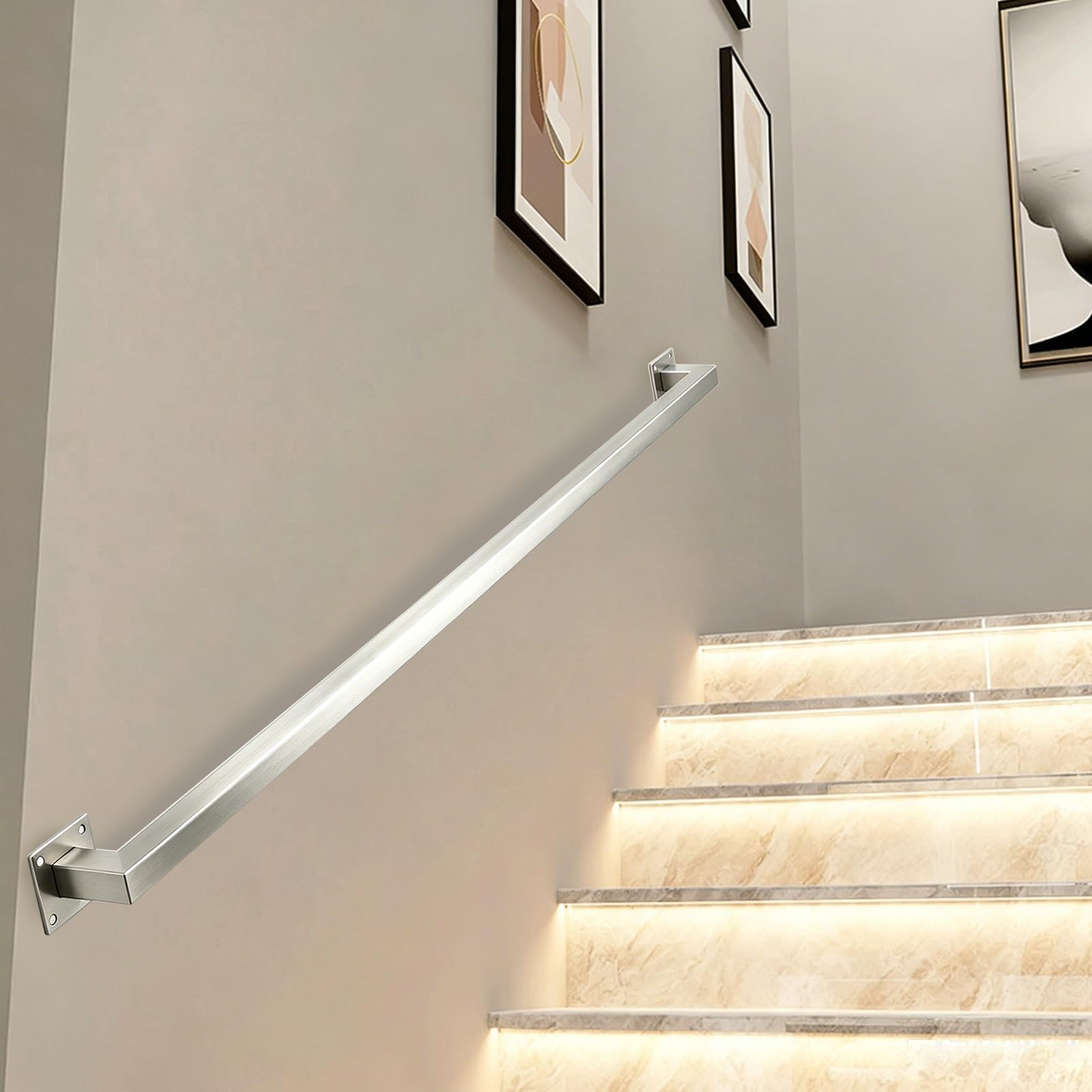 Wall Stairs Handrail 30cm-600cm Square Pipe Grab Rails for Indoor Stairs & Outdoor Steps, Non-Slip Guardrail for Garden Corridor Lofts Kindergarten - Silver(8ft/2.4m)