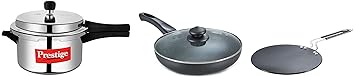 Prestige Pressure Cooker, 3 Litres, Silver&Prestige Aluminium Omega Deluxe Granite Fry Pan with Lid, 26 cm,Black&Prestige Aluminium Cookware Induction Base Paratha Tawa, 26.5 cm, Black