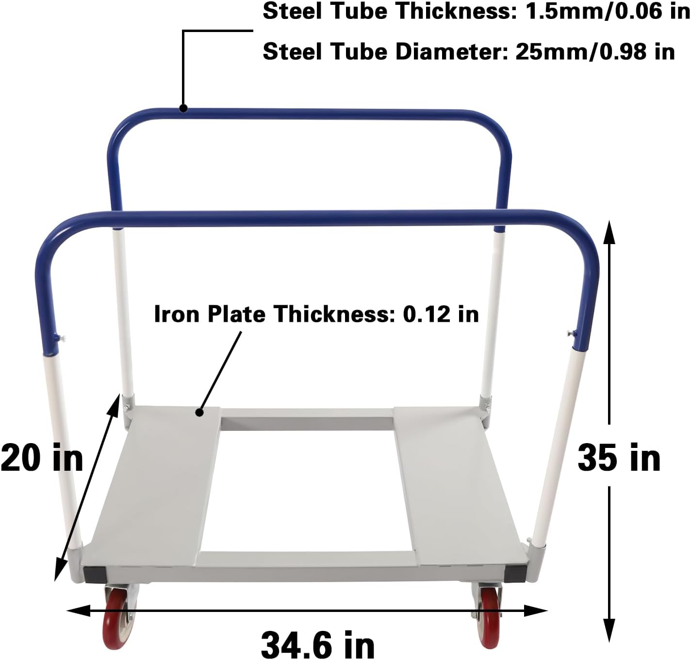 1500 lbs Panel Dolly Cart, 20" x 35" Drywall Cart, Heavy-Duty Drywall Sheet Carts, Mattress Dolly for Transport Heavy Objects, Planks, Folding Tables, Folding Chairs