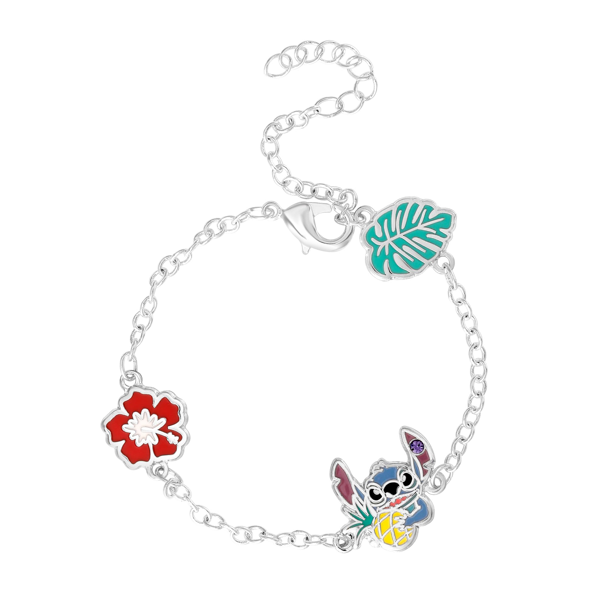 Disney Pulsera Stitch con Amuletos Hawaianos en Latón con Esmalte de Colores, Longitud Ajustable 17-20 cm, para Mujeres y Niñas, con Caja de Regalo, Joya Oficial Disney