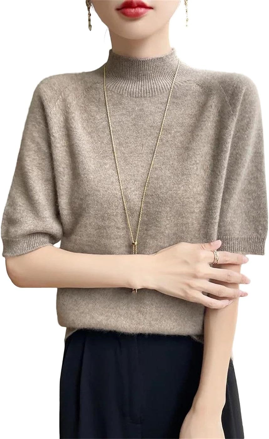 Women's Short Sleeve Mock Neck Sweater Wool Knit Top Basic Pullover Casual Tee for Summer Clothing