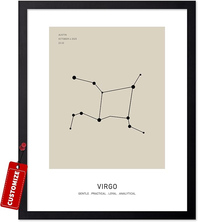 Monem Art Personalized Virgo Print, Customized Constellation Star Map Poster and Canvas, Zodiac Sign Art, Gift for Family, Loved Ones, Friends, Available in 8x10