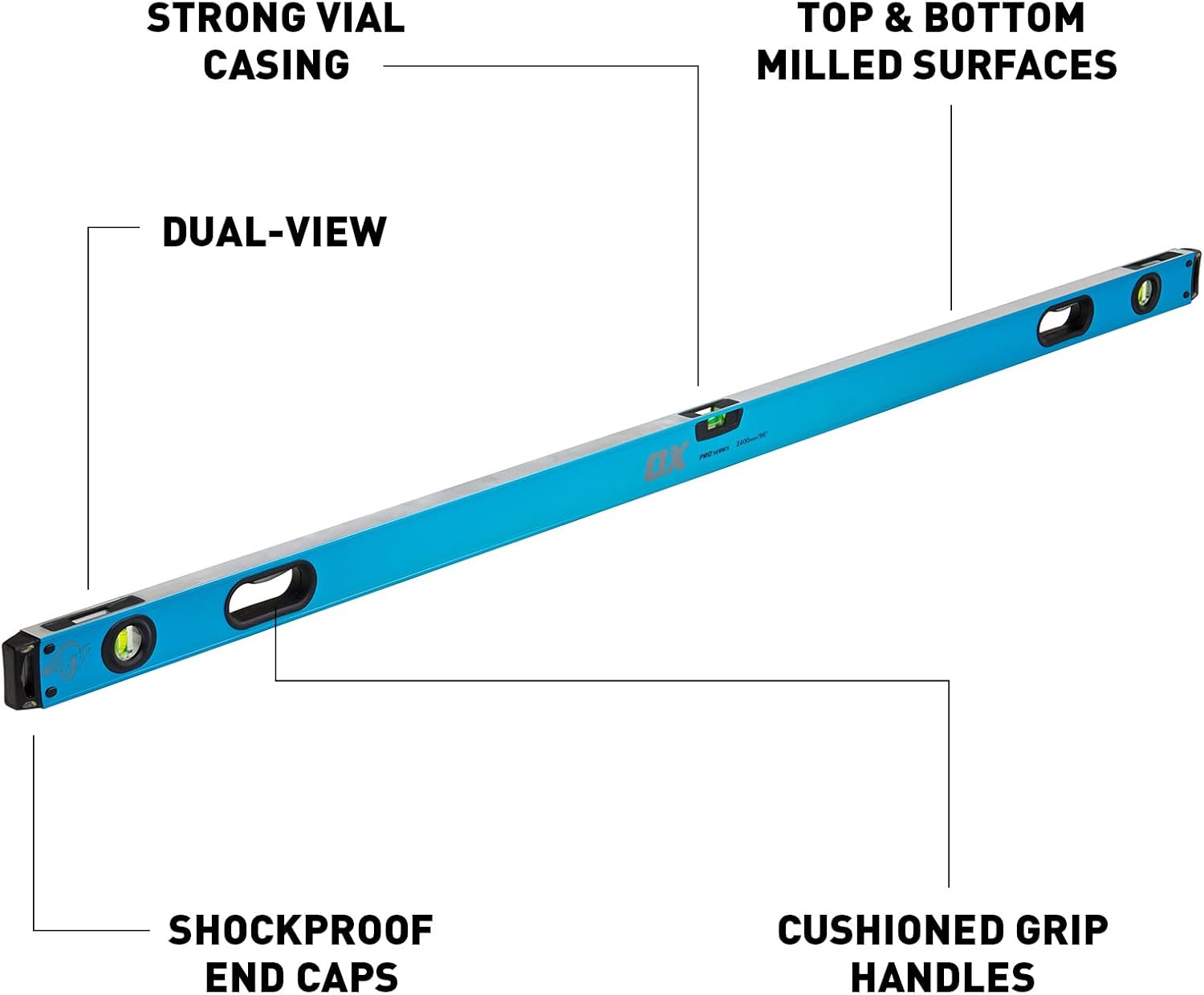 OX Pro Box 8 Foot Level with Rubber Grip and All Aluminum Construction - 96 Inch Level with Thru Handle and Magnified Vials - Leveler Tool